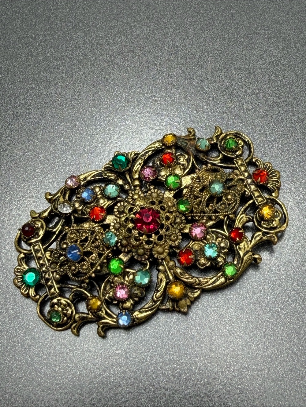 Antique Czech Gold Tone Multicolor Crystal Floral Brooch #cz330